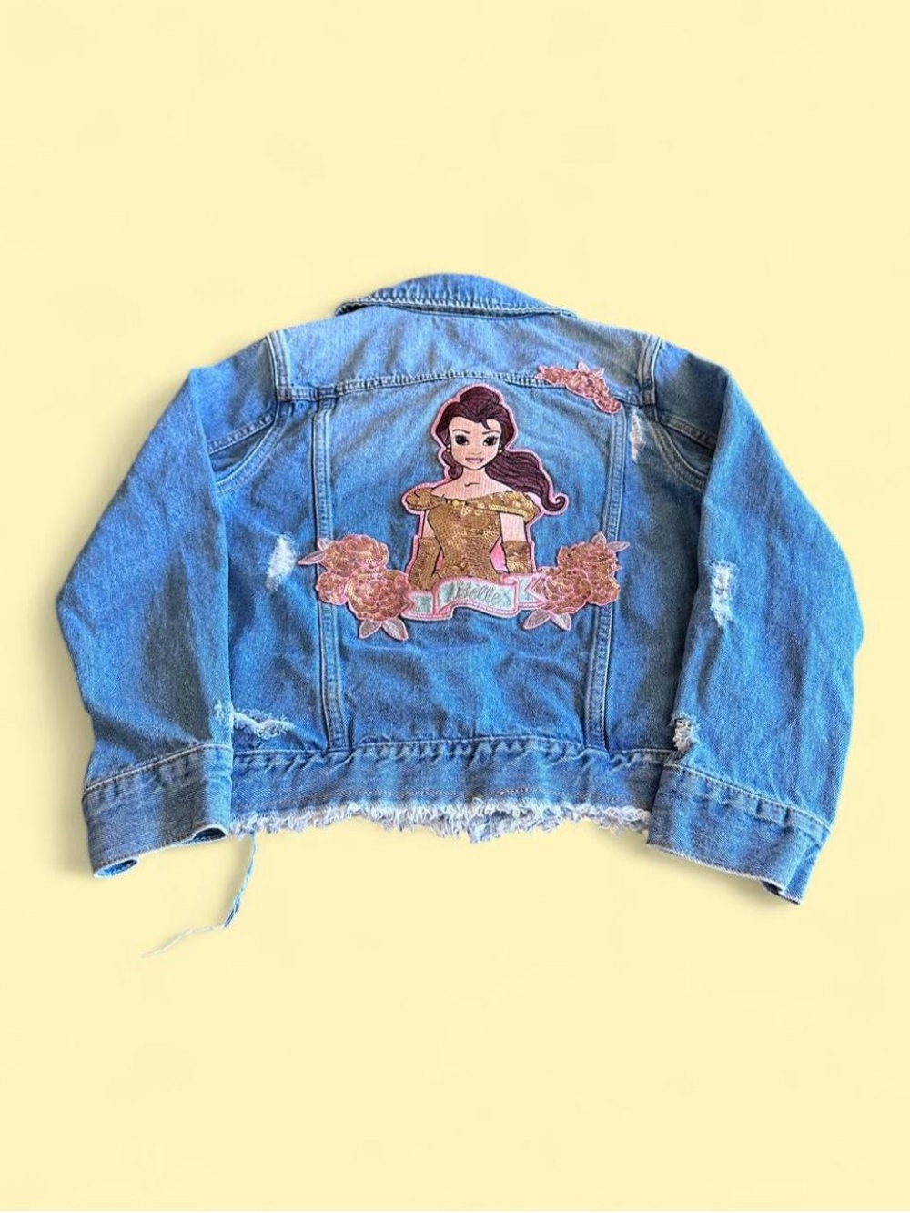 Disney Belle Beauty and the Beast Distressed Denim Jacket Girls Size 7/8